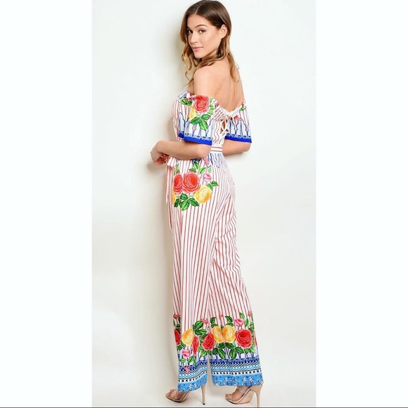 ⛔️SOLD⛔️STRIPES & RUFFLES OFF SHOULDER JUMPSUIT - Picture 1 of 7